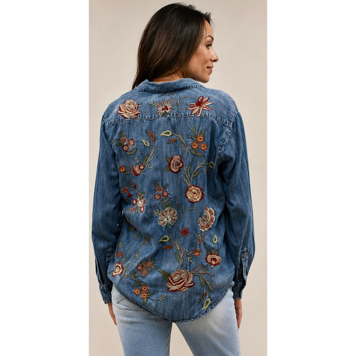 Denim Button-Up Shirt with Embroidered Floral Back