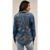 Denim Button-Up Shirt with Embroidered Floral Back