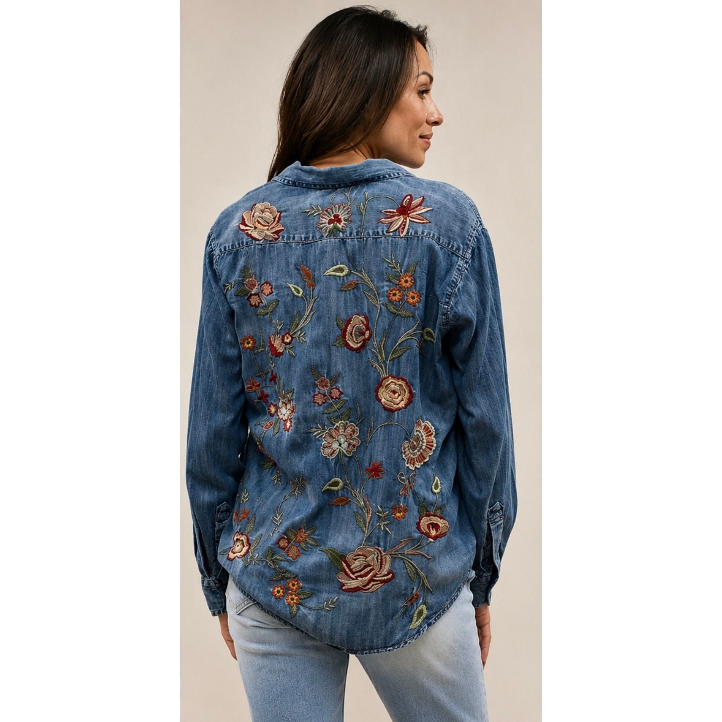 Denim Button-Up Shirt with Embroidered Floral Back