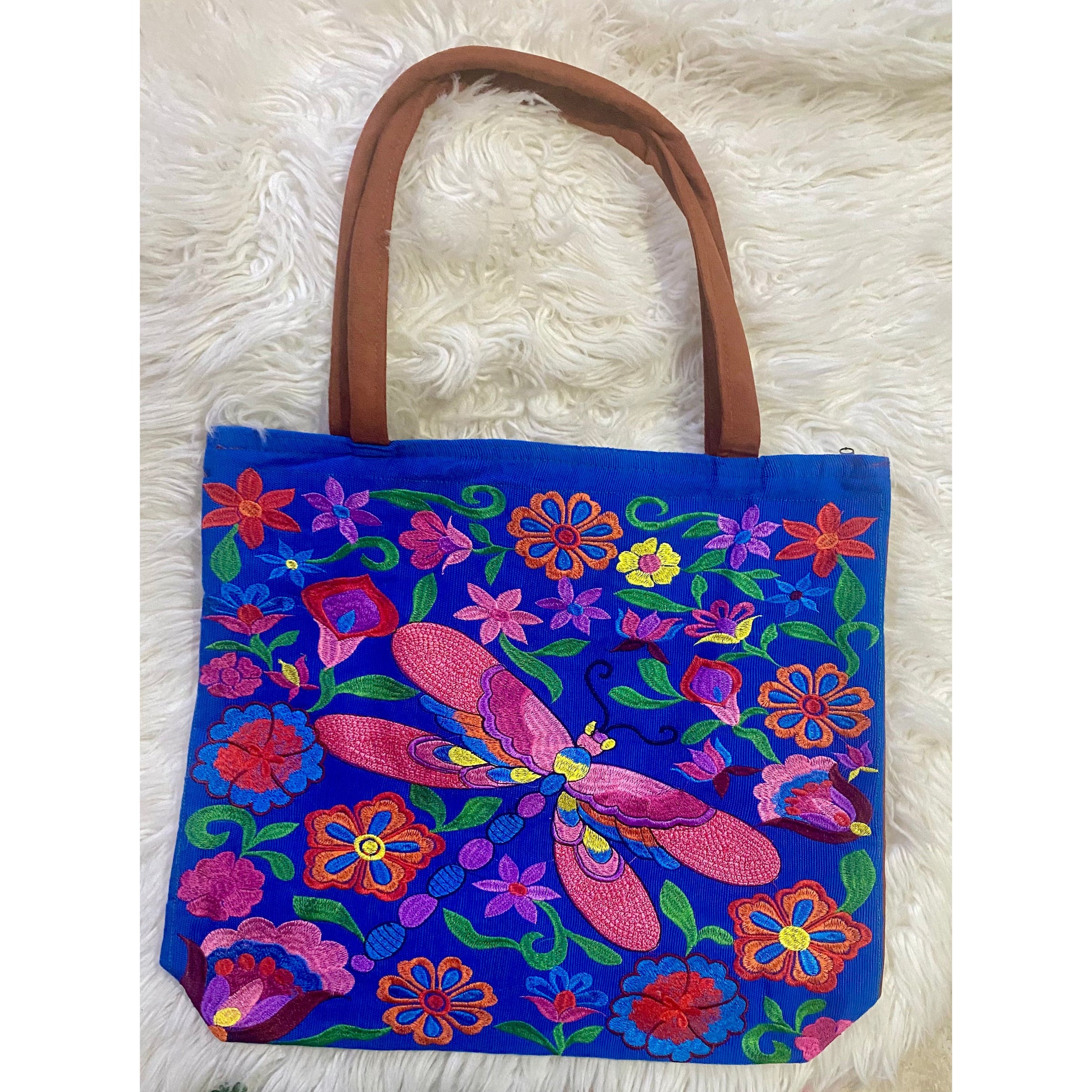 Extra Large Embroidered Dragonfly Tote Bag – Blue