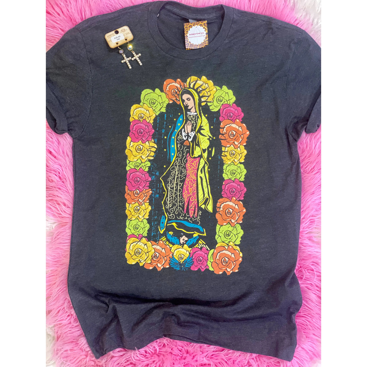 Our Lady of Guadalupe Charcoal Tee - Rhinestone Gal