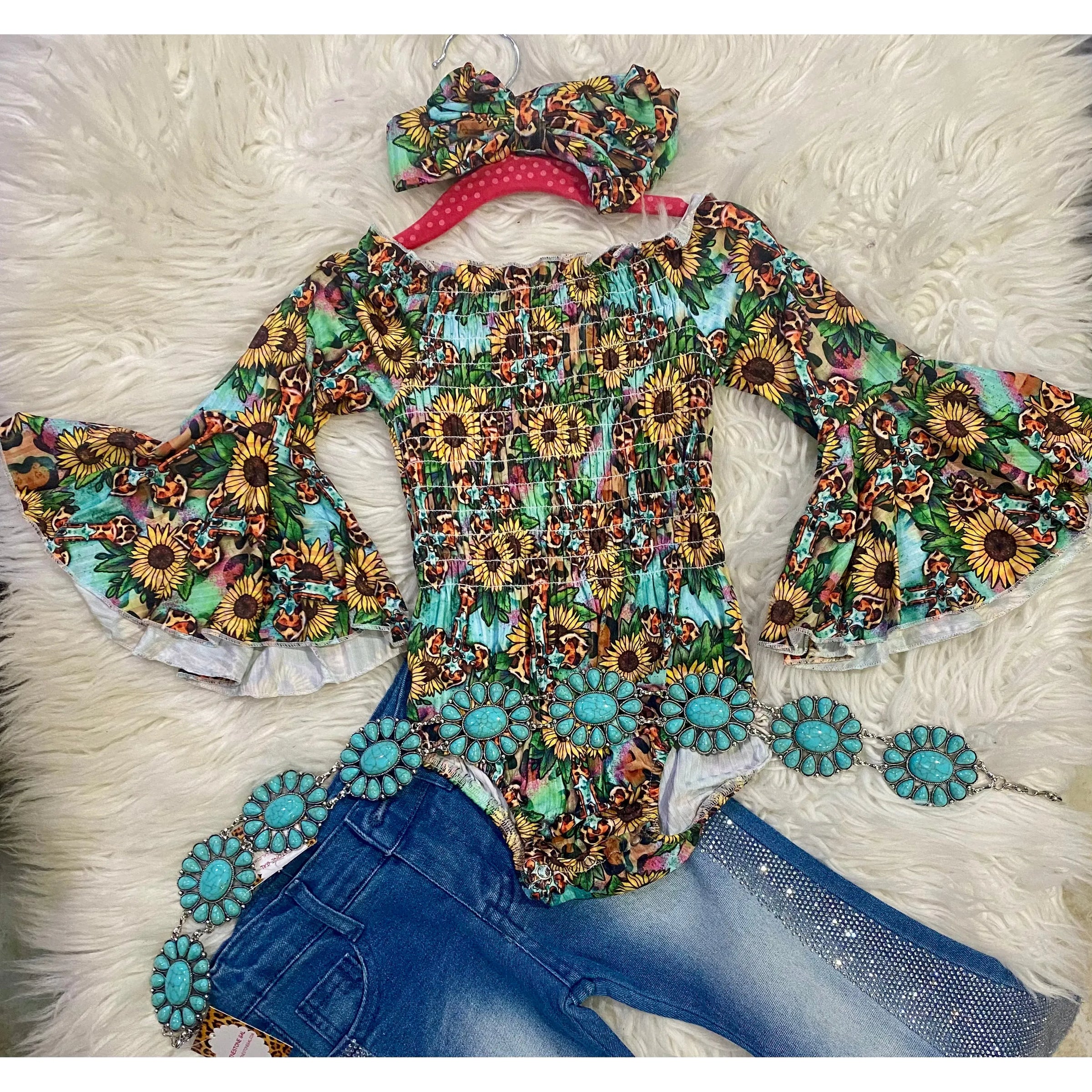 Sunflower & Leopard Cross Baby Onesie with Headband