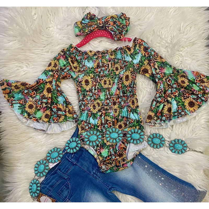 Sunflower & Leopard Cross Baby Onesie with Headband