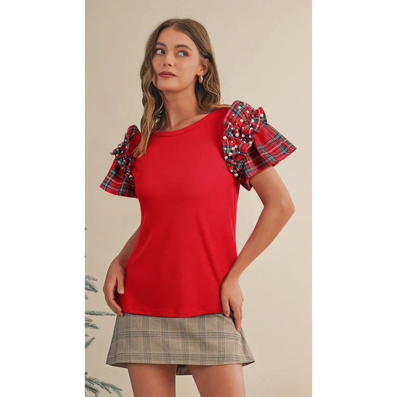 Racing Red Plaid Pearl Ruffle Sleeve Top – Holiday Statement Tee