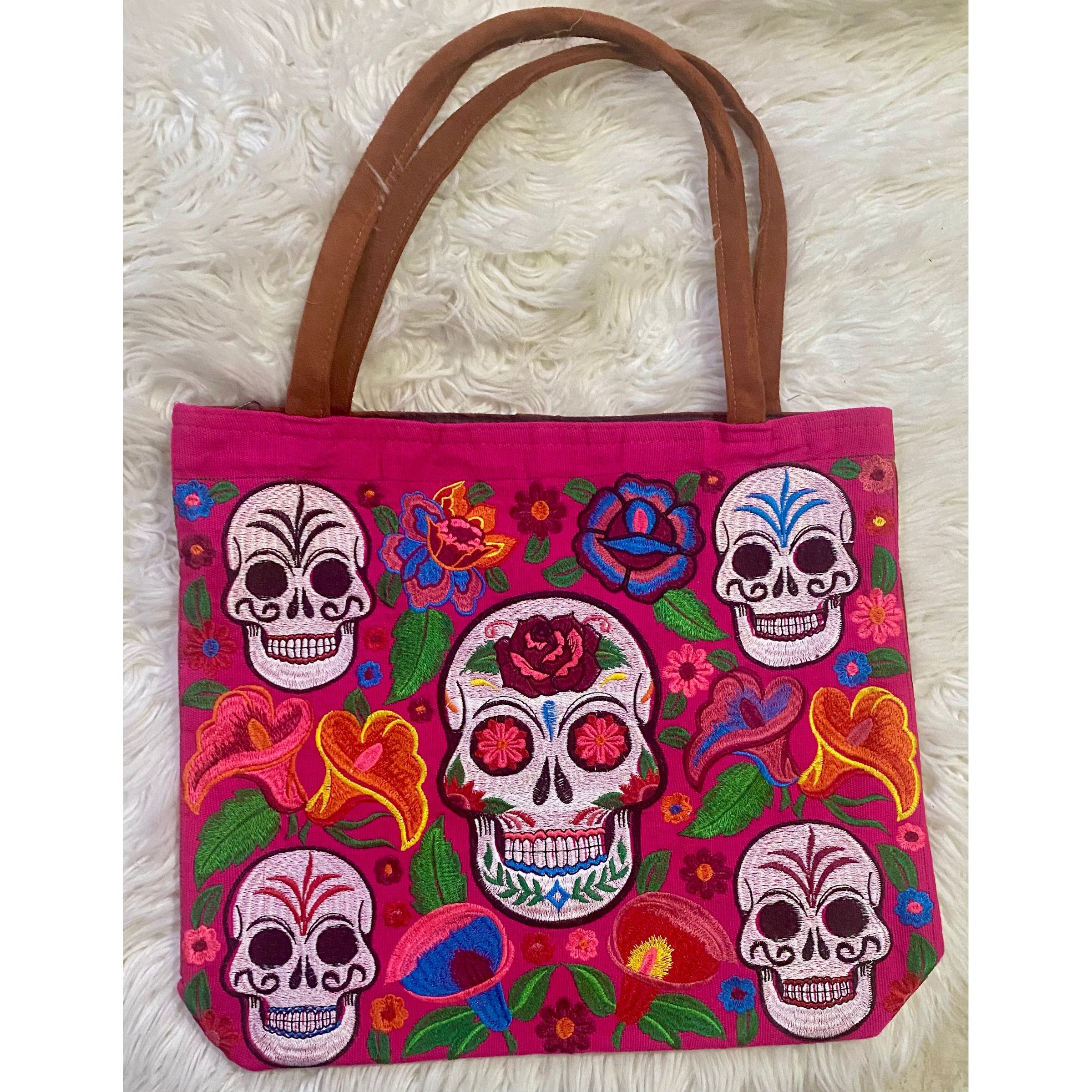 Extra Large Embroidered Sugar Skull Tote Bag – Pink