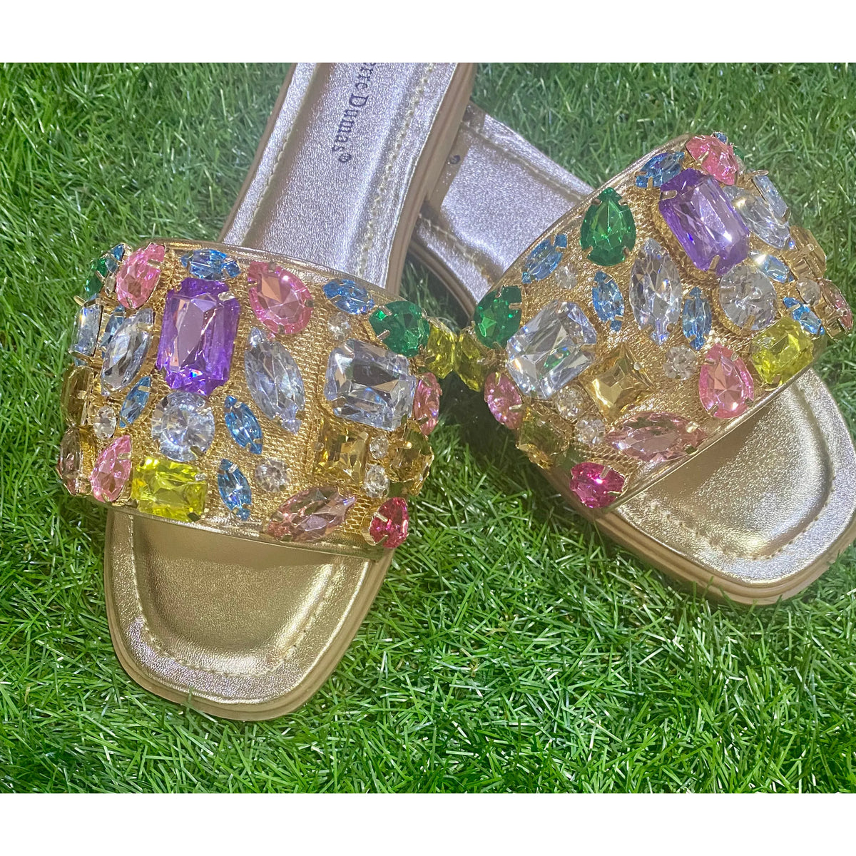 Pierre Dumas Multicolor Gem Embellished Slide Sandals