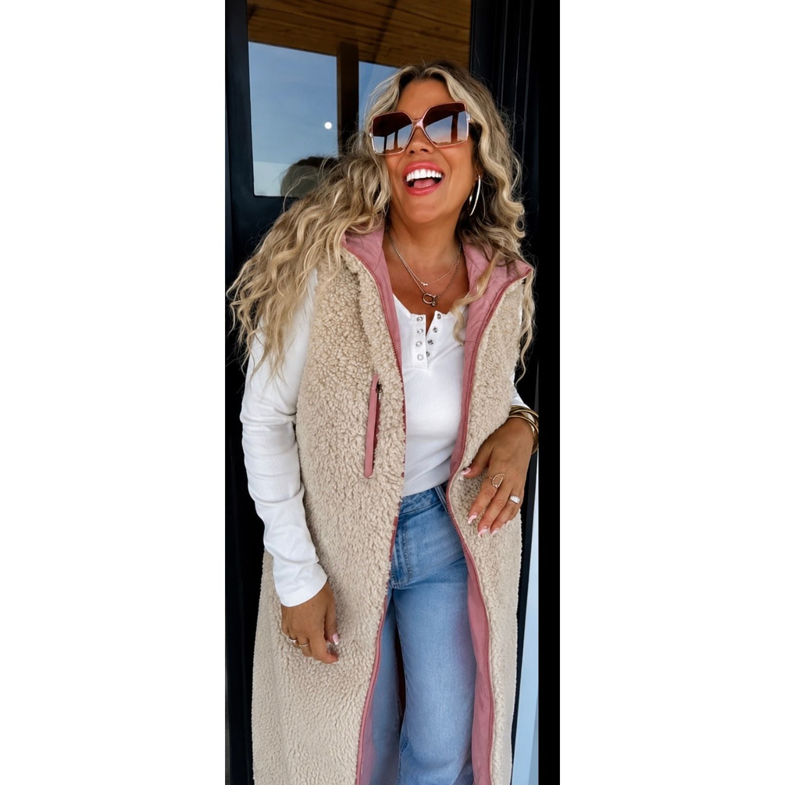 Mauve Reversible Sherpa & Puffer Long Vest