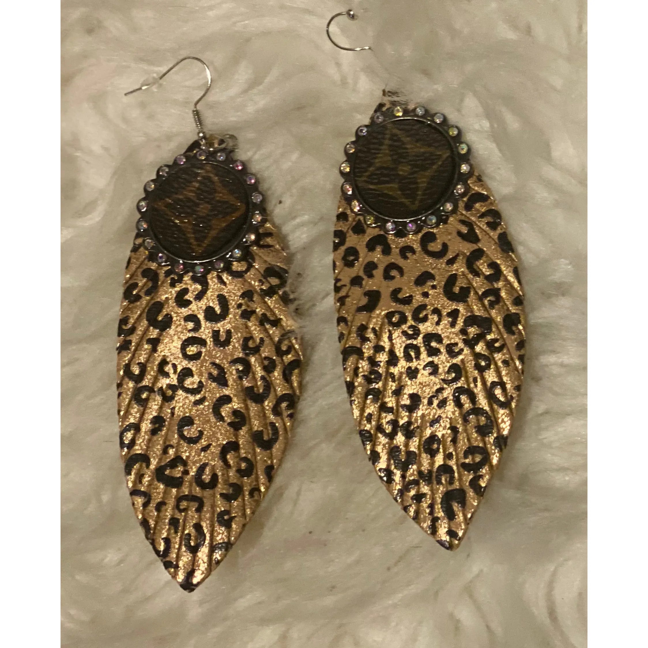 Gold Metallic Leopard Feather Earrings with LV Charm