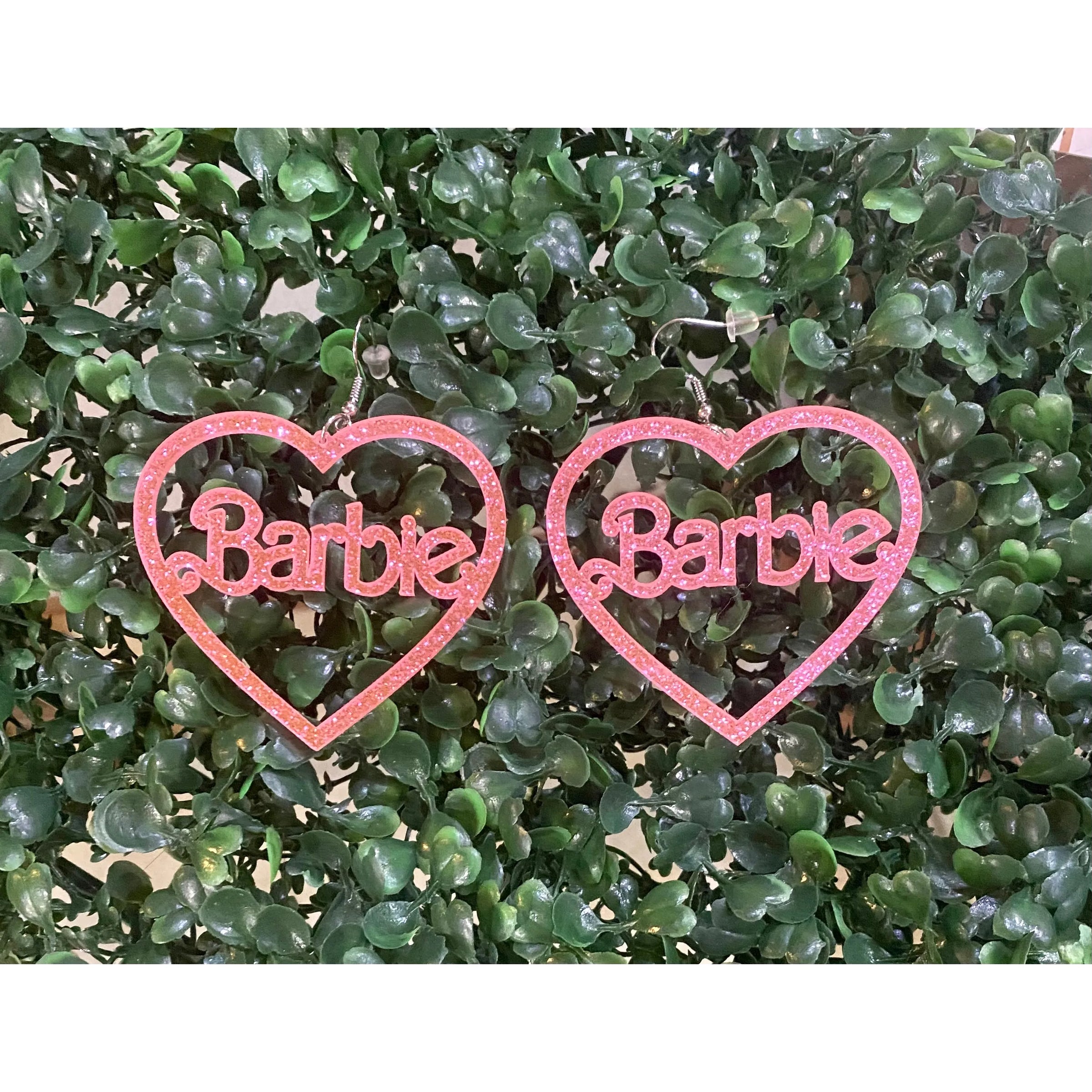 Pink Glitter Barbie Heart Acrylic Earrings