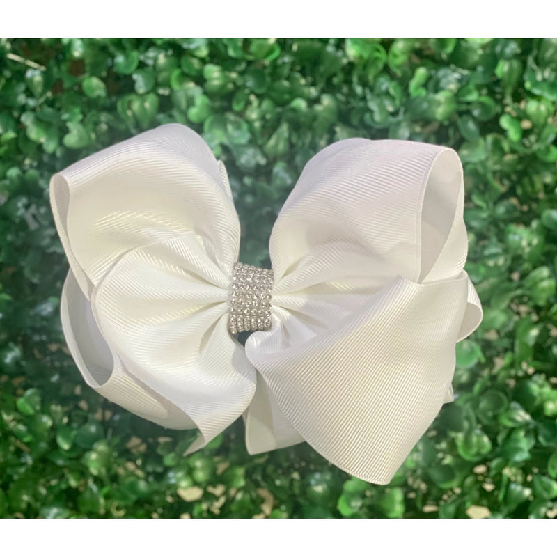 White Glam Rhinestone Hair Bow – 6.5"