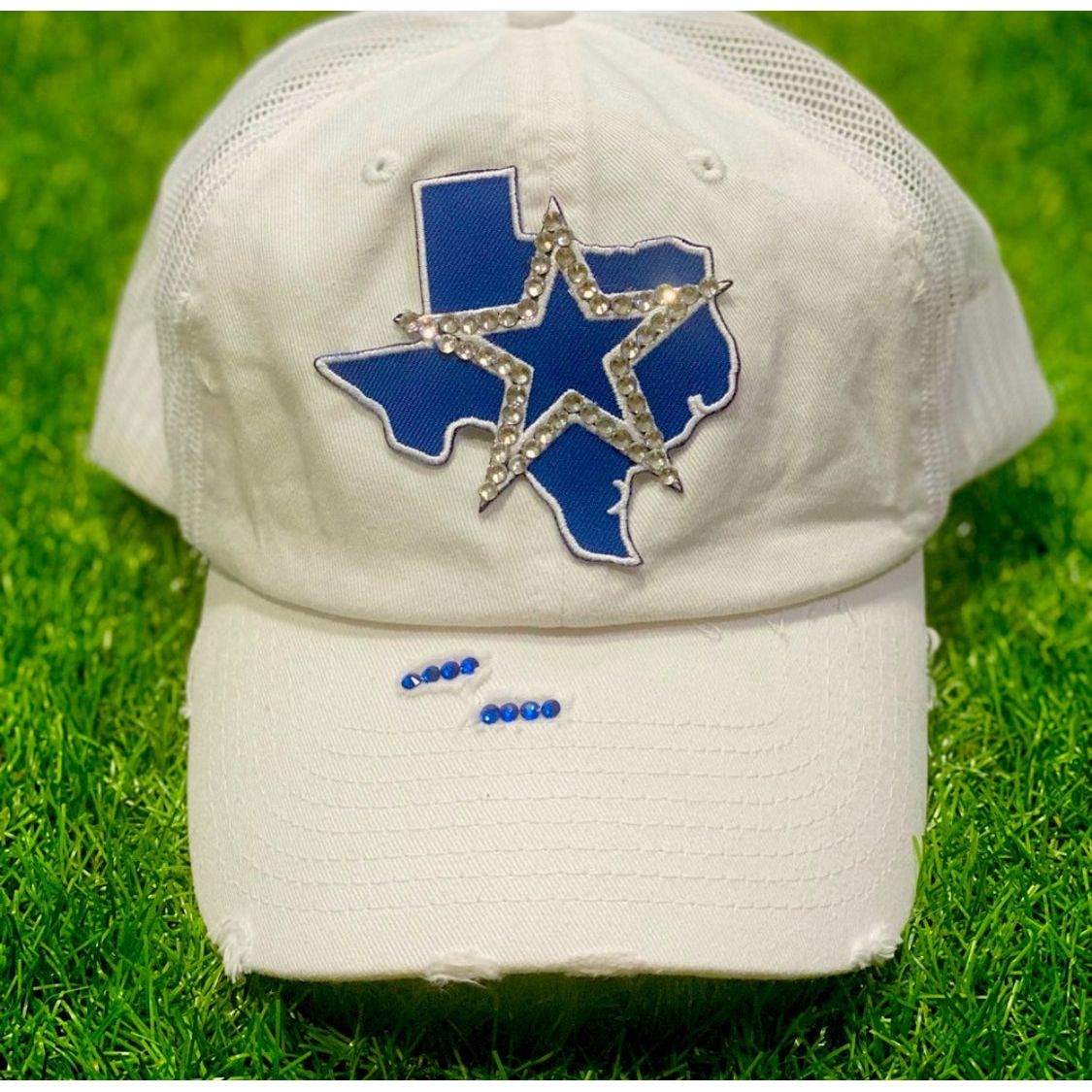 White Distressed Truckers Cap with Embellished Cowboys Emblem