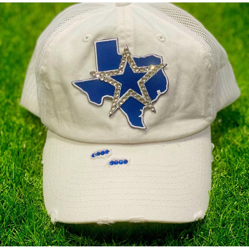 White Distressed Truckers Cap with Embellished Cowboys Emblem