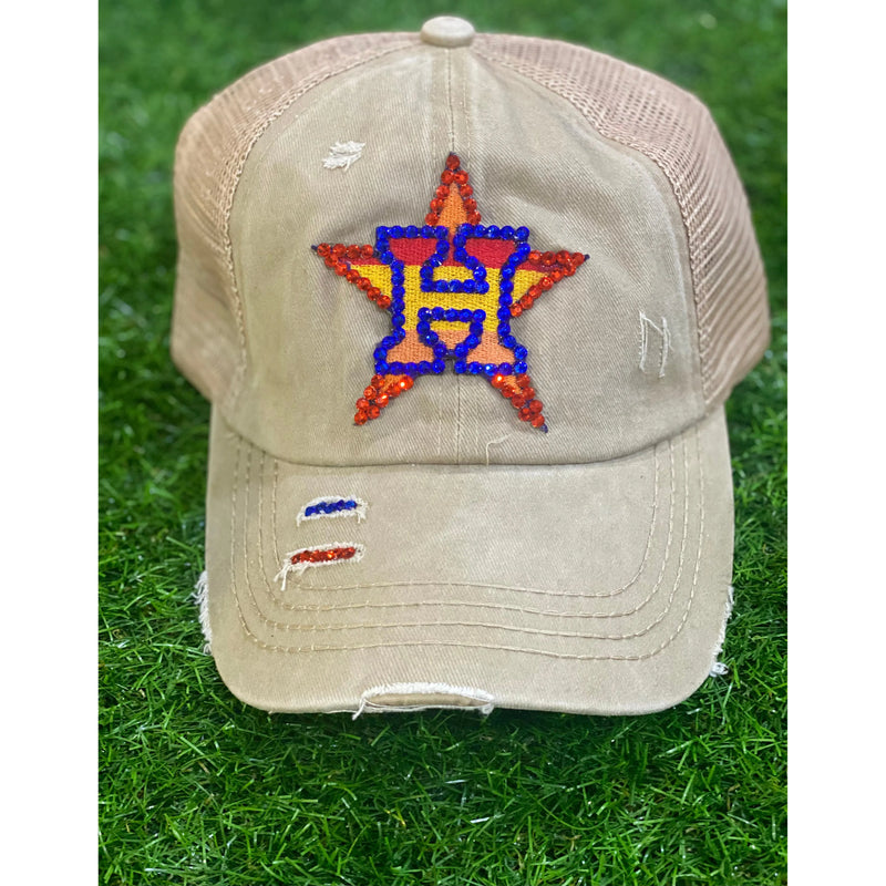 Khaki Distressed Ponytail Truckers Cap with Rhinestone Astros Patch