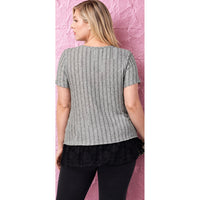 Gray Ribbed Lace & Rhinestone Plus Size Top