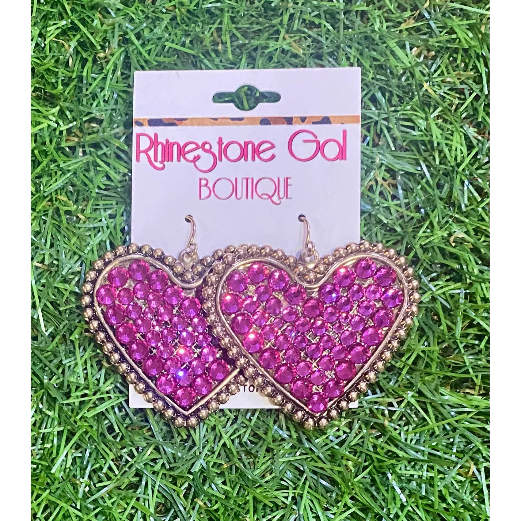 Fuchsia Rhinestone Heart Earrings with Bronze Trim