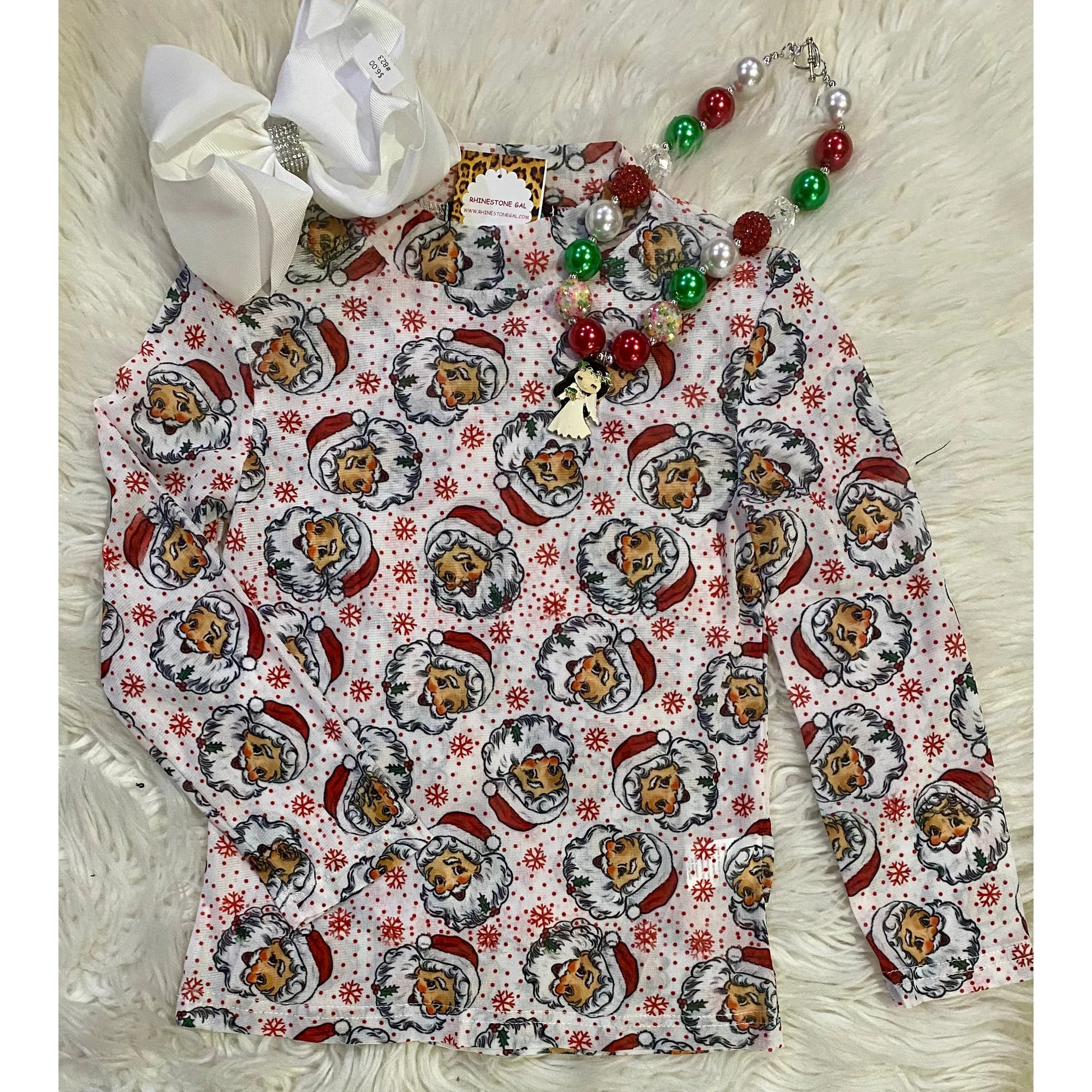 Girls Santa Face Holiday Mesh Top – Festive Long Sleeve Christmas Shirt