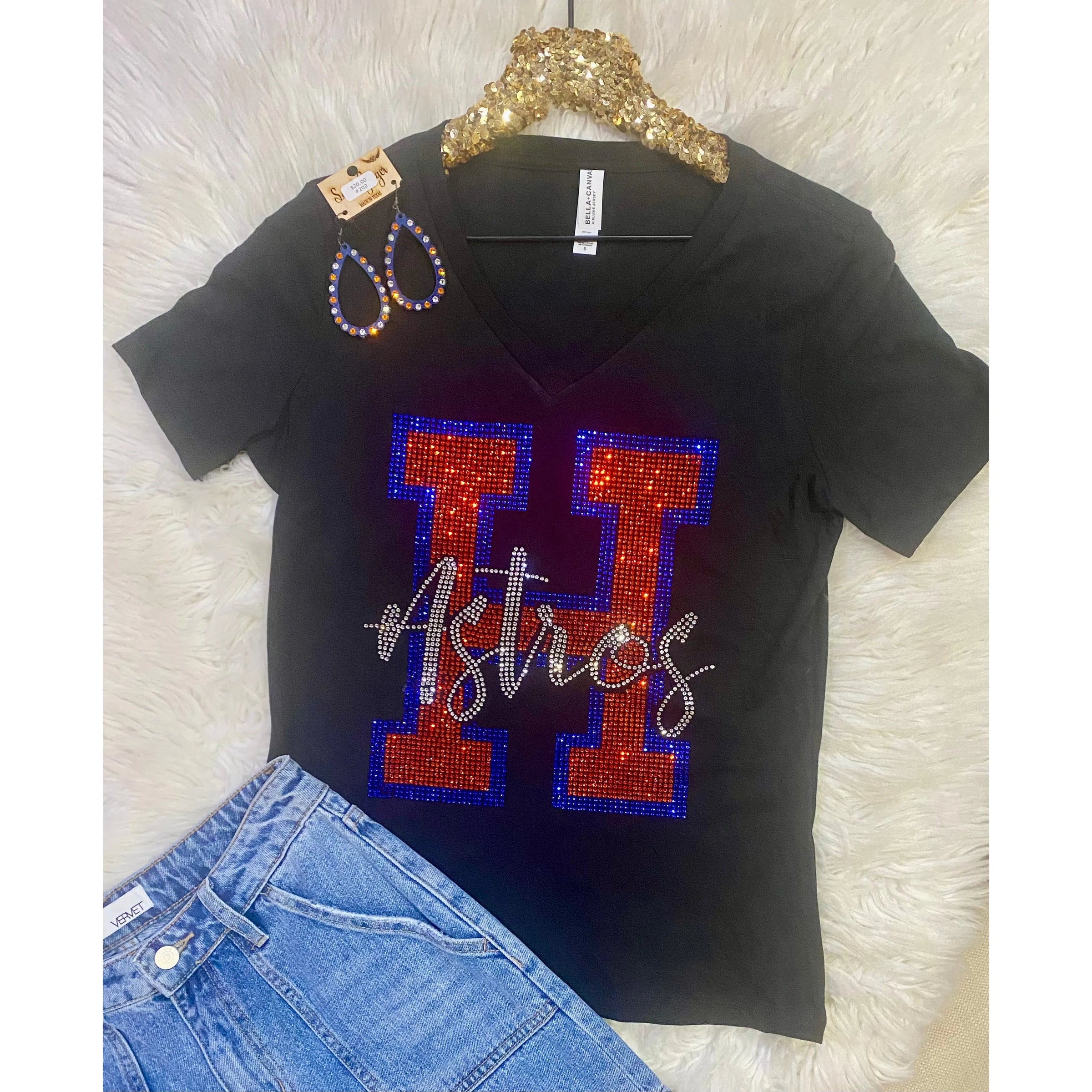 Black V-Neck Astros Rhinestone Tee