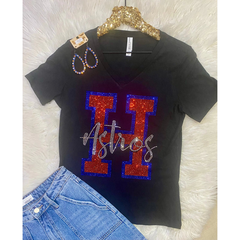 Black V-Neck Astros Rhinestone Tee