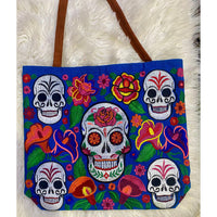 Royal Blue Embroidered Sugar Skull Tote Bag