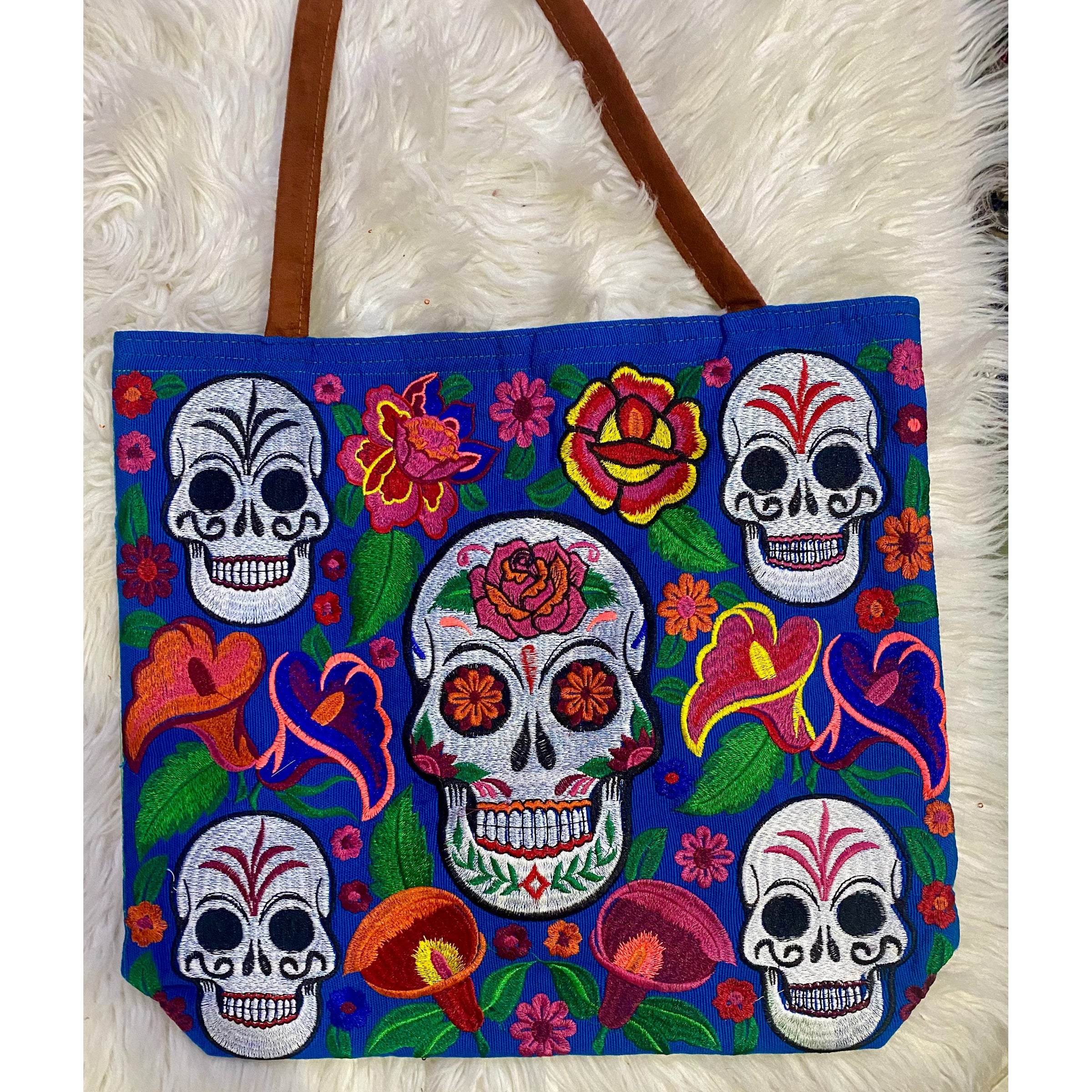 Royal Blue Embroidered Sugar Skull Tote Bag