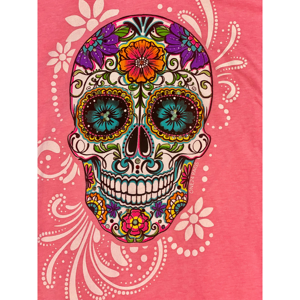 Pink Rhinestone Sugar Skull V-Neck Tee