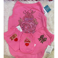 Valentine’s Pink Dog Tank – Patch & Rhinestone Flaming Rose Design