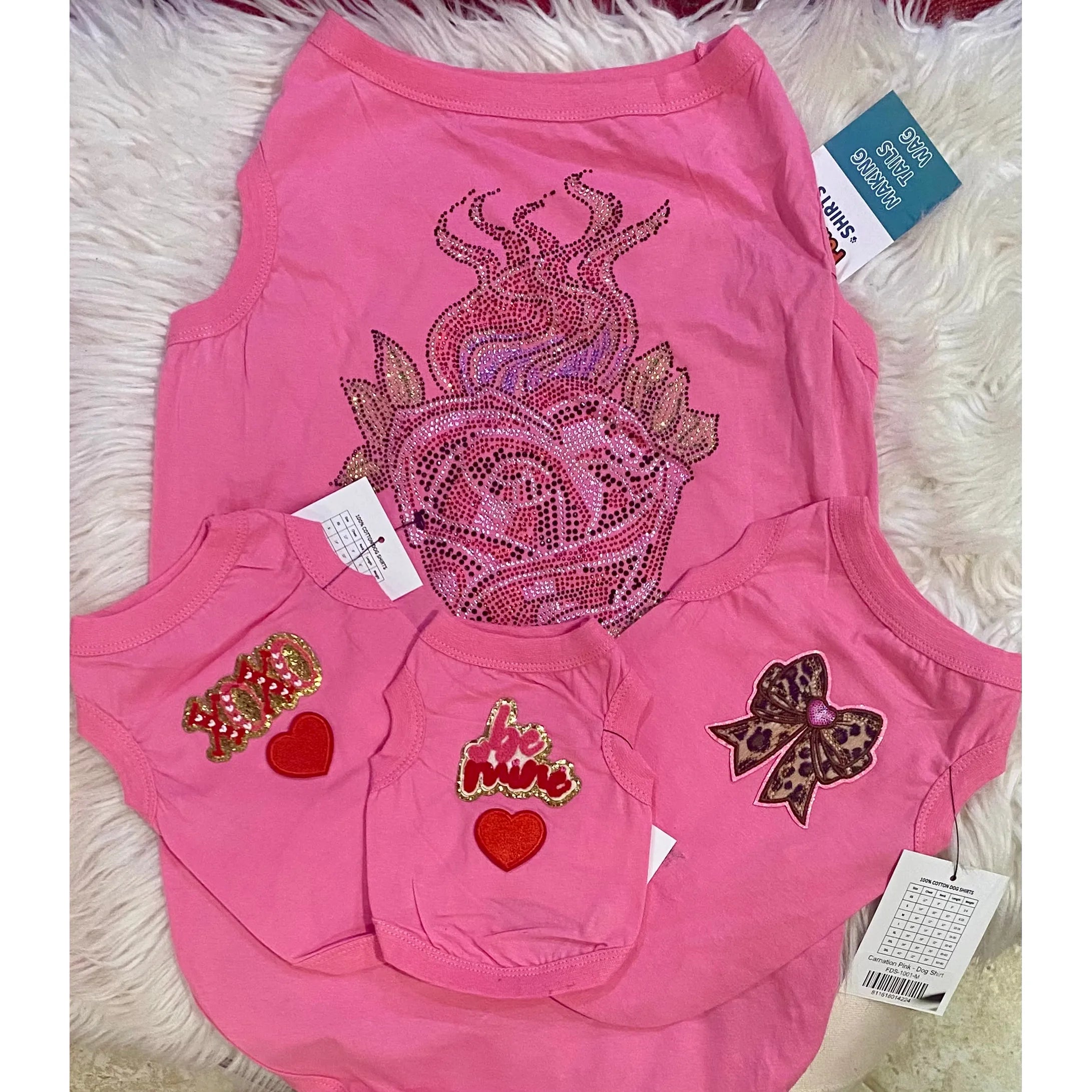 Valentine’s Pink Dog Tank – Patch & Rhinestone Flaming Rose Design
