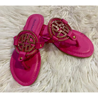 Pierre Dumas Rhinestone Medallion Thong Sandals – Pink