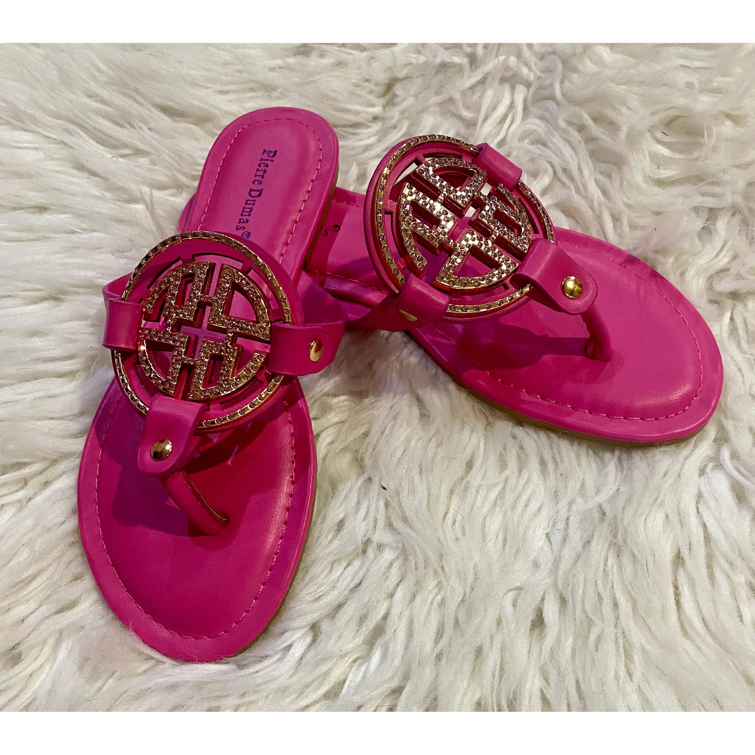 Pierre Dumas Rhinestone Medallion Thong Sandals – Pink