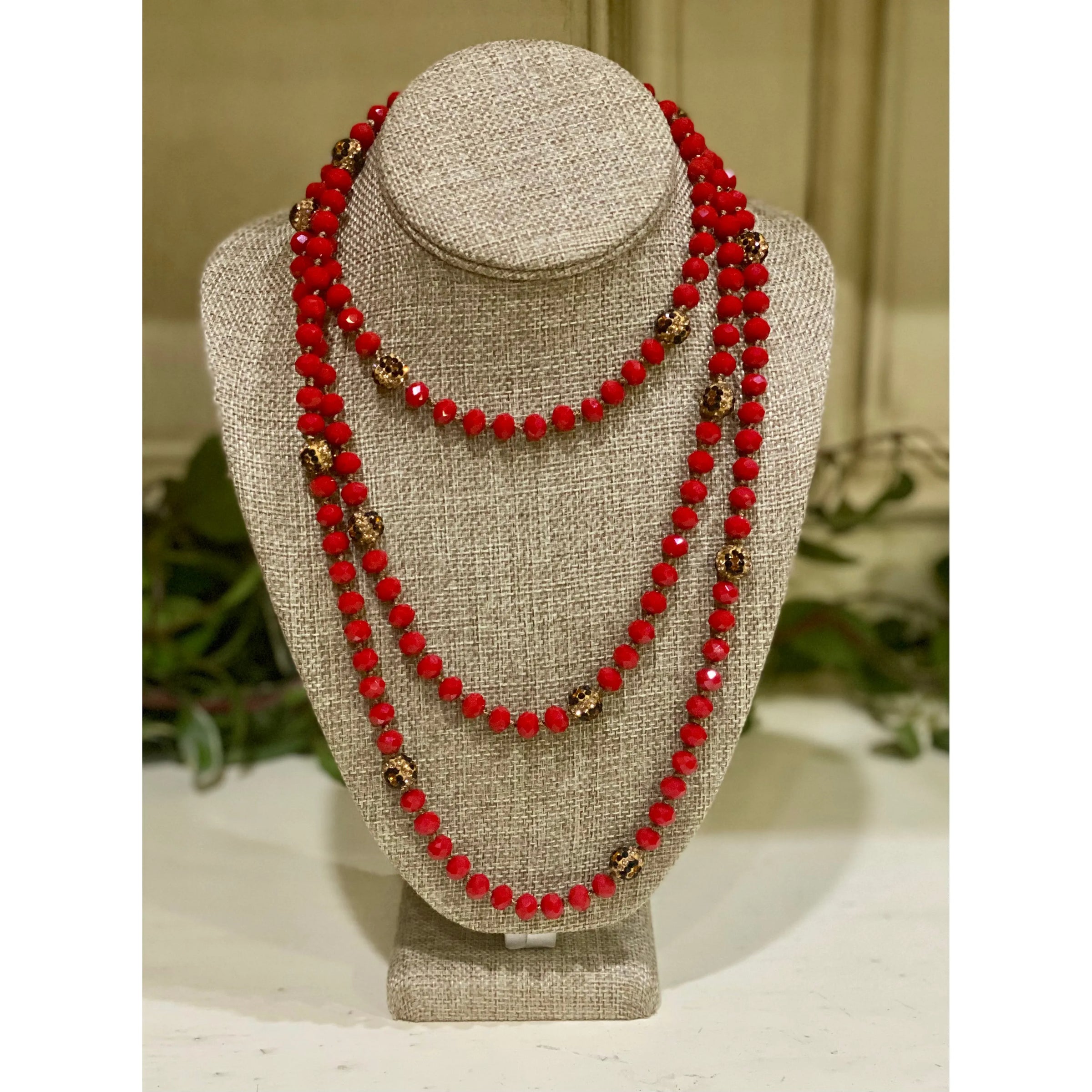 Long Red Beaded Necklace with Leopard Accents – 60"