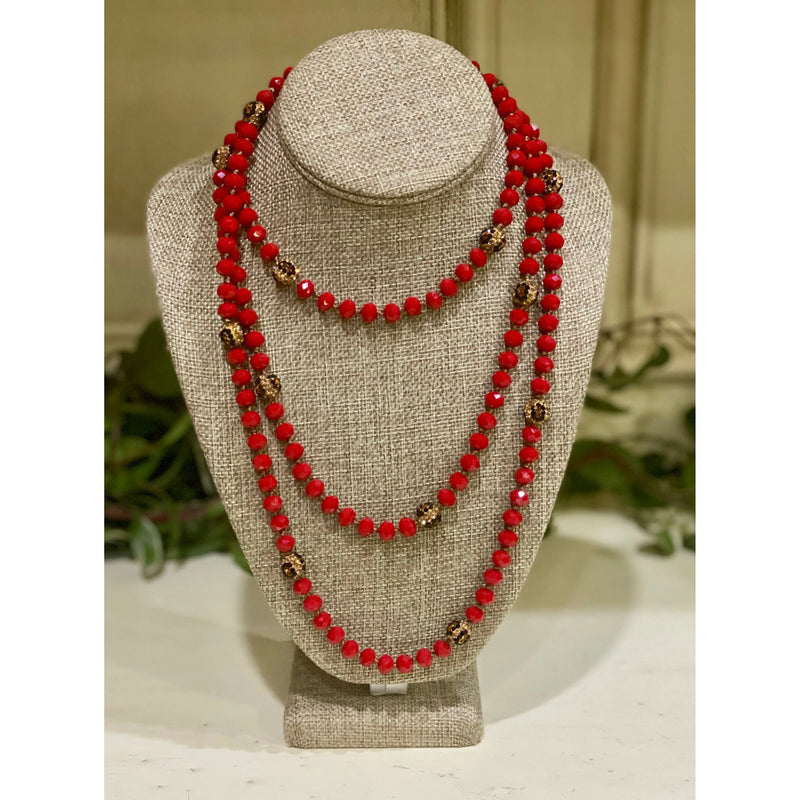 Long Red Beaded Necklace with Leopard Accents – 60"