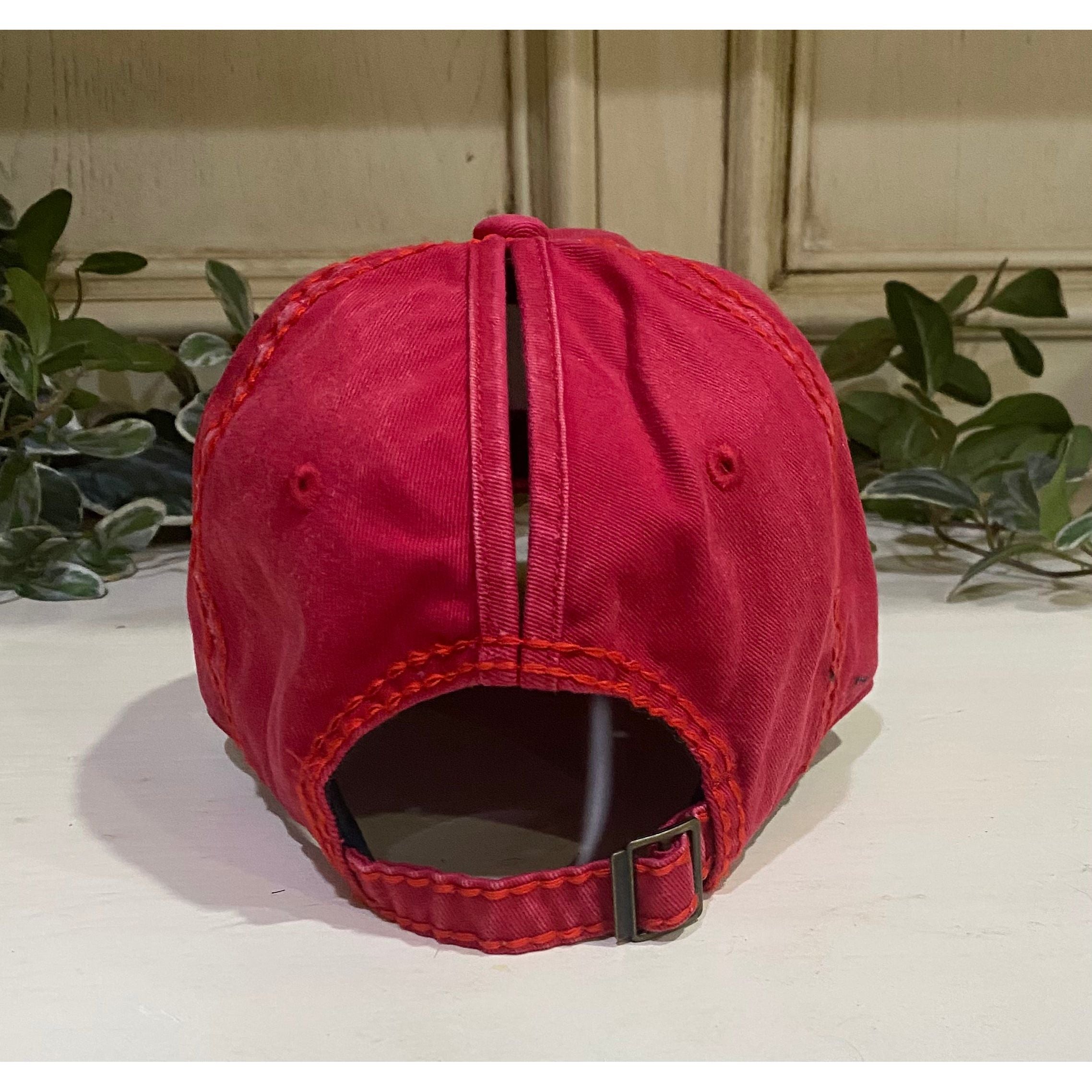 Red Vintage Crystal Embellished Ponytail Baseball Cap