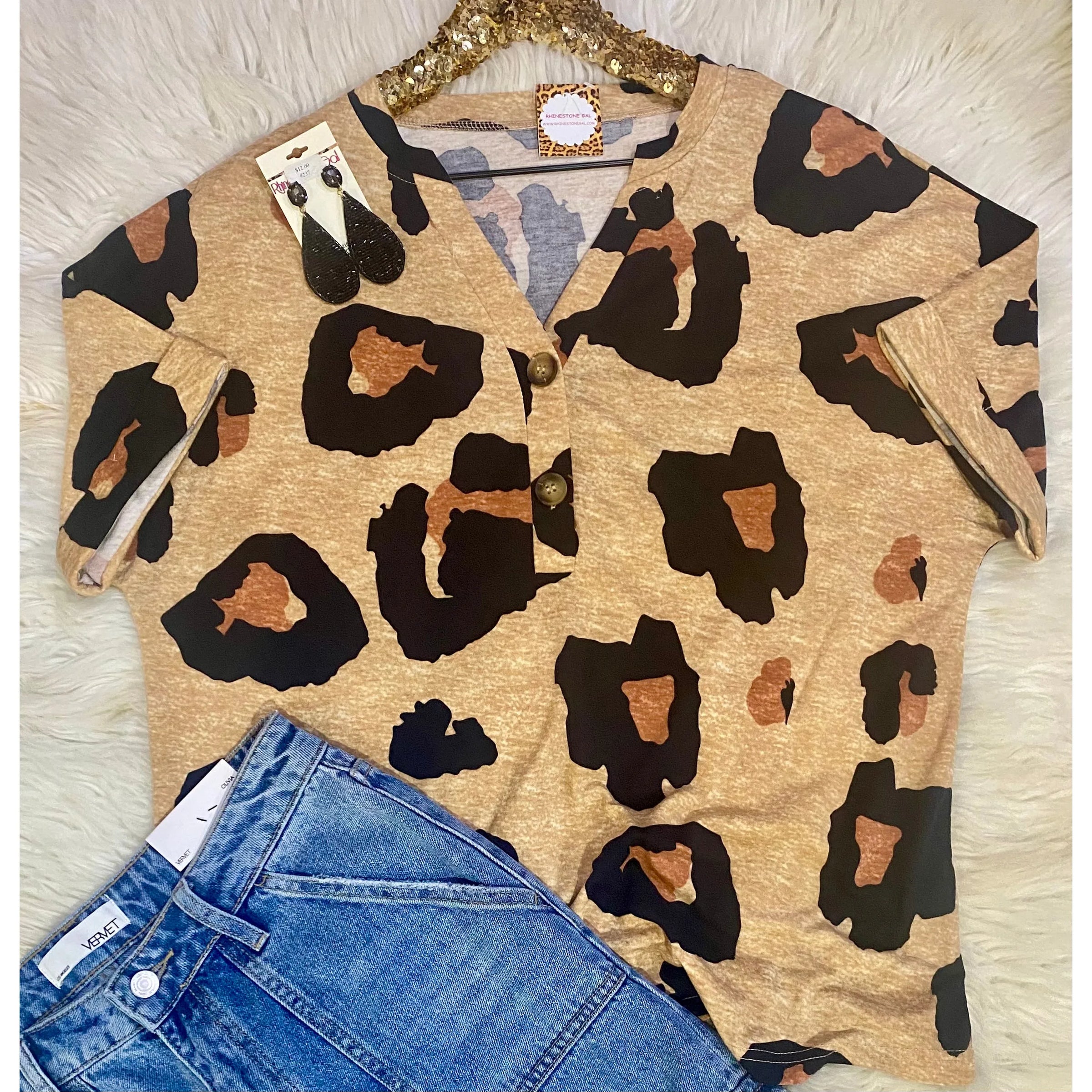 French Beige Leopard Print Henley Top