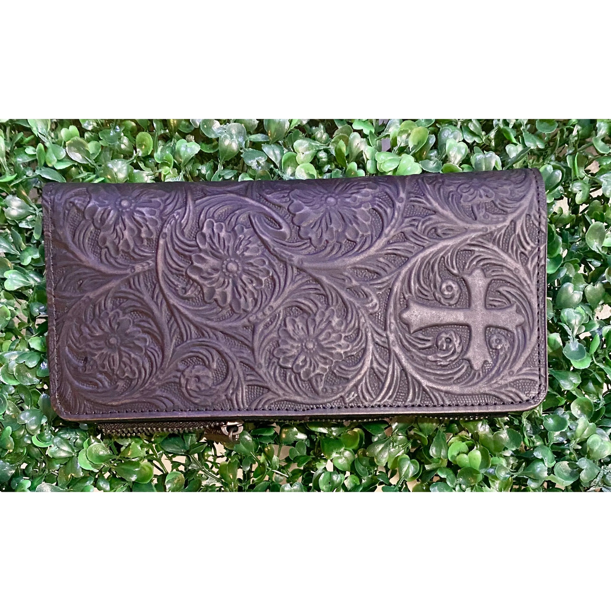 Montana West Black Tooled Genuine Leather RFID Wallet with Detachable Zip Pocket