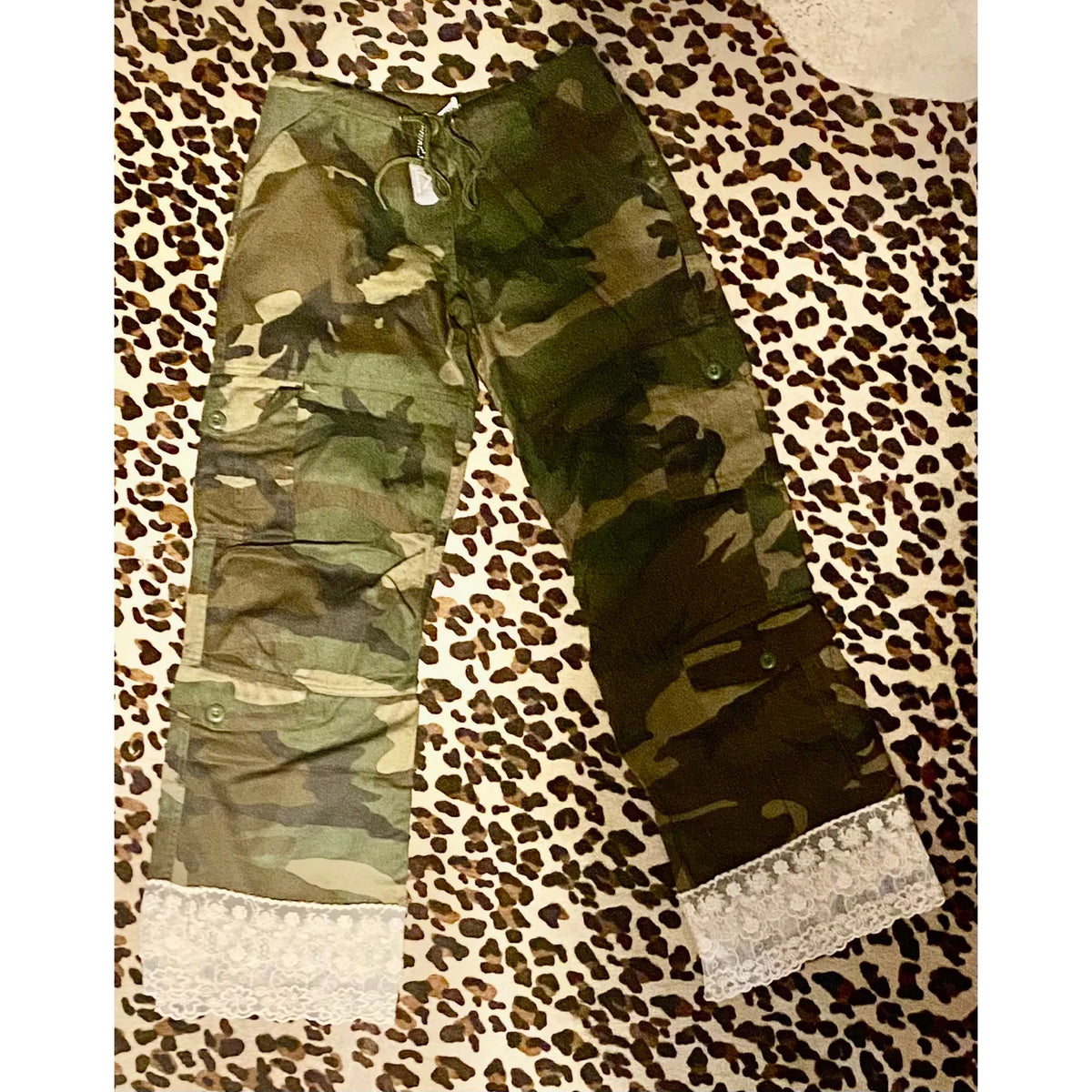Camo Cargo Pants with Layered Lace Hem