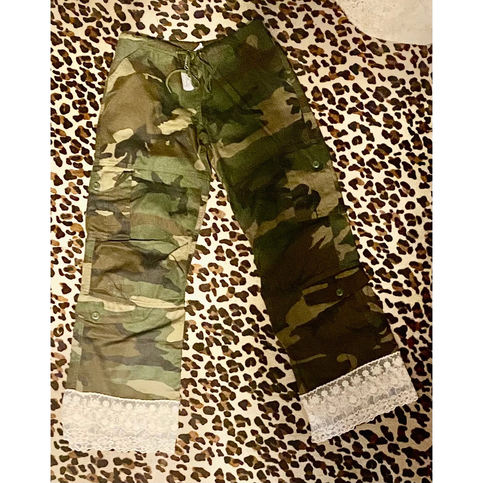 Camo Cargo Pants with Layered Lace Hem