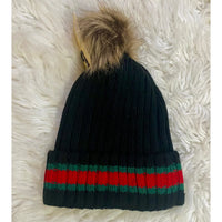 Chic & Cozy Black Striped Pom-Pom Beanie