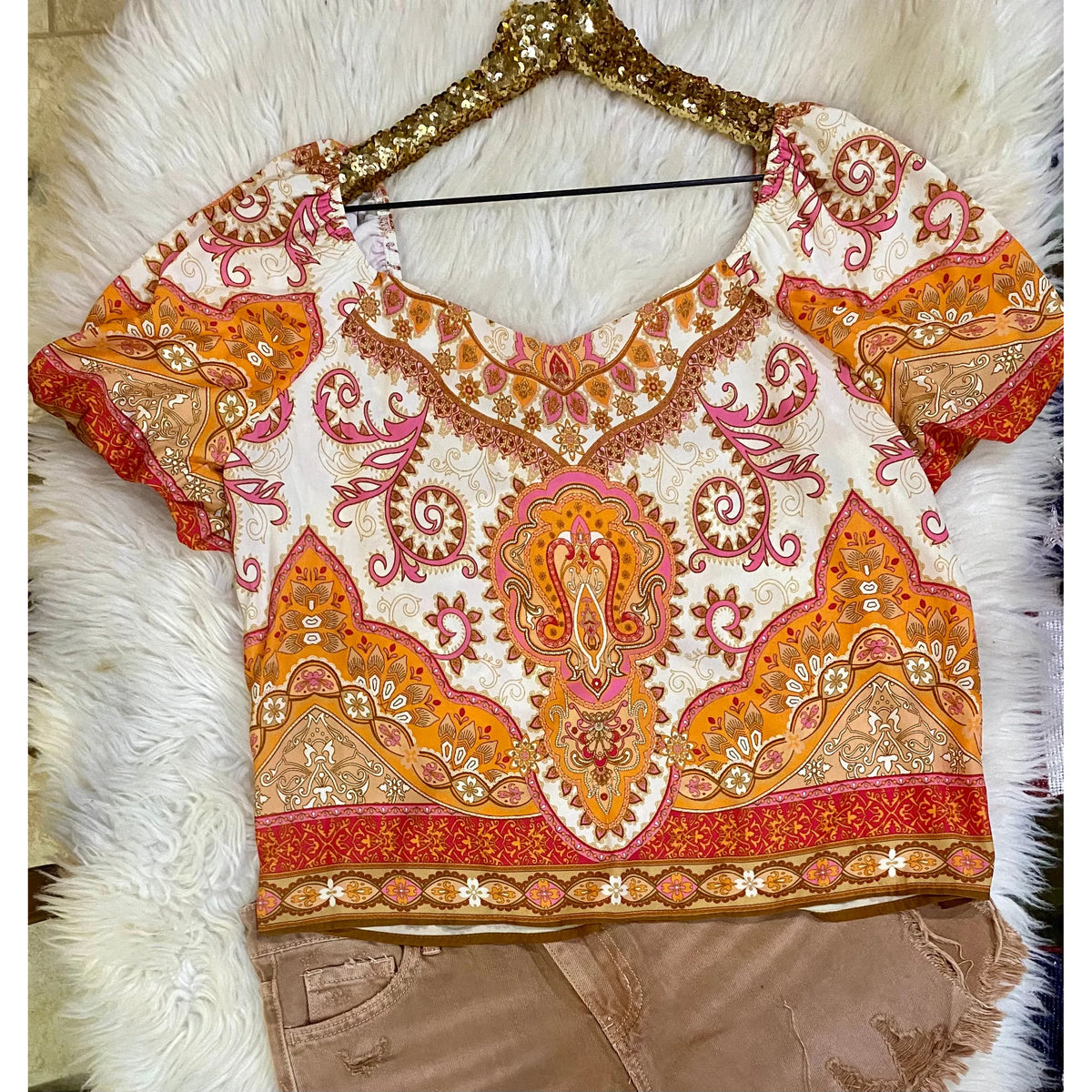 Pink and Orange Moroccan Printed Top - Rhinestone Gal