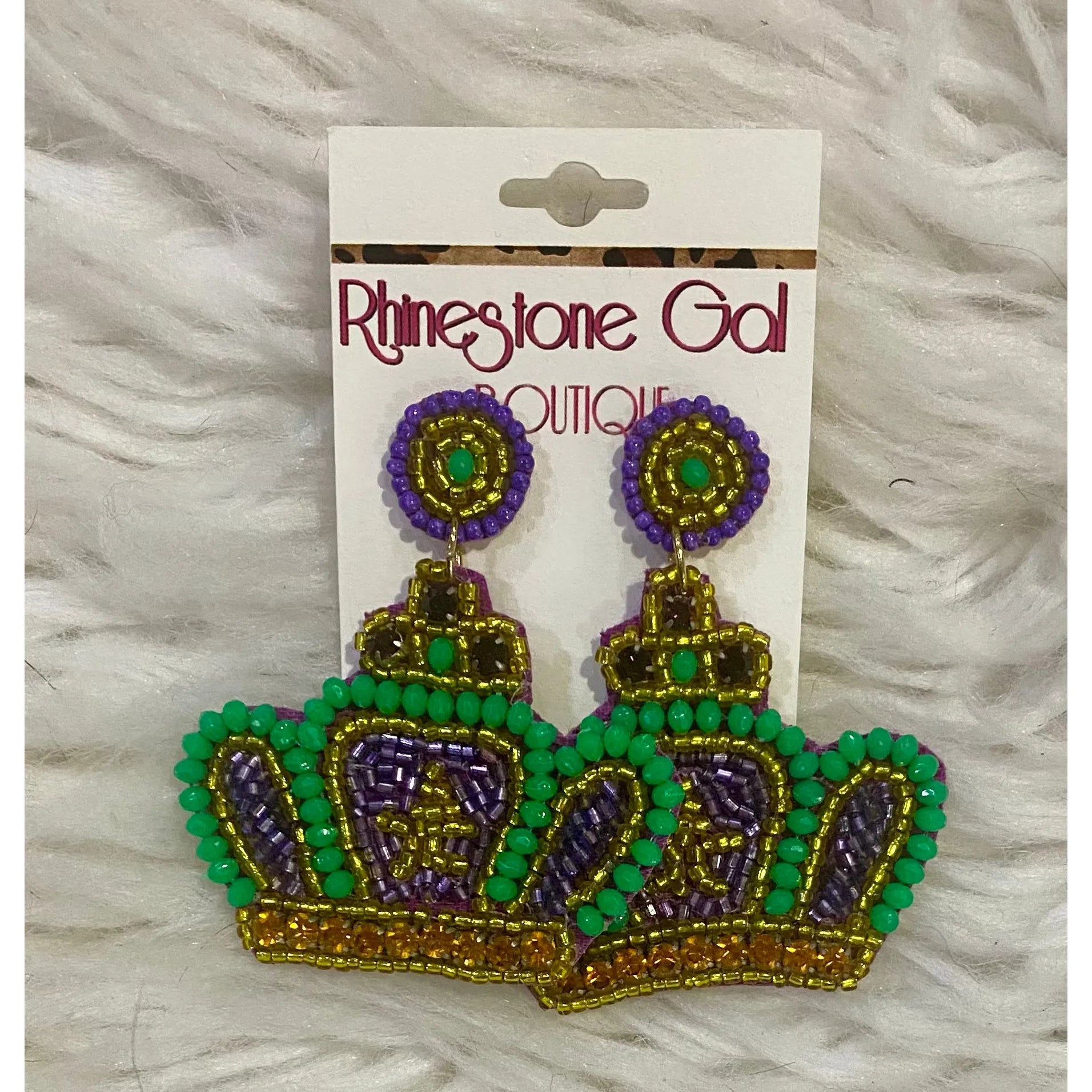 Mardi Gras Purple Green Gold Beaded Crown Earrings