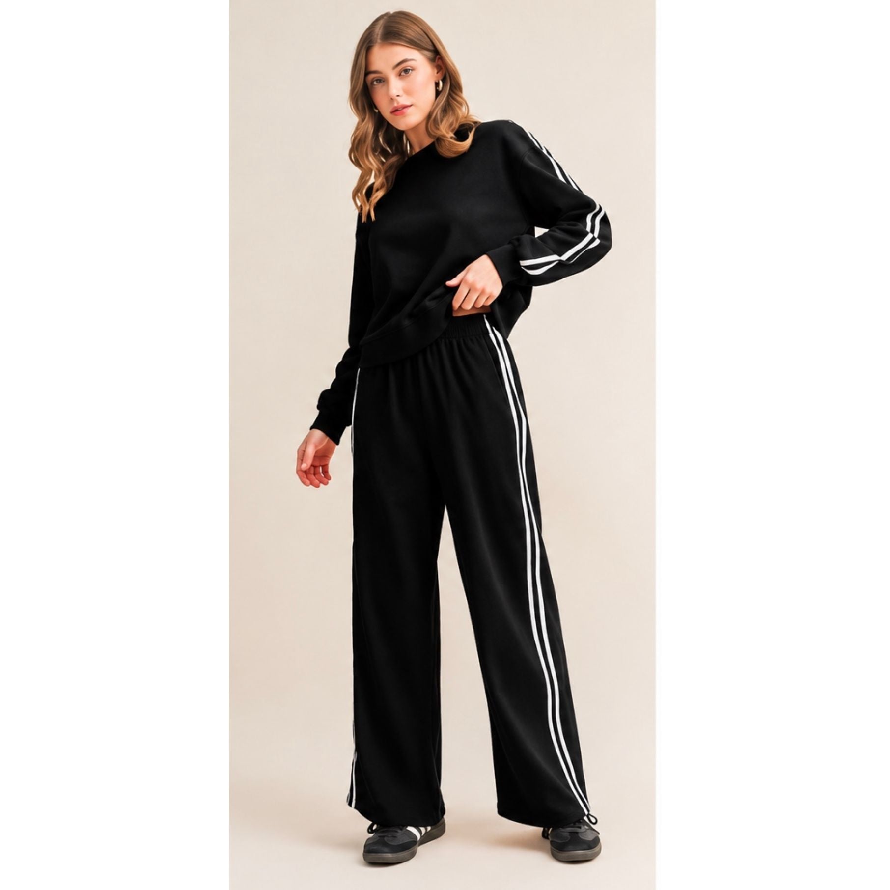 Black Stripe Sleeve Wide Leg Jogger Set