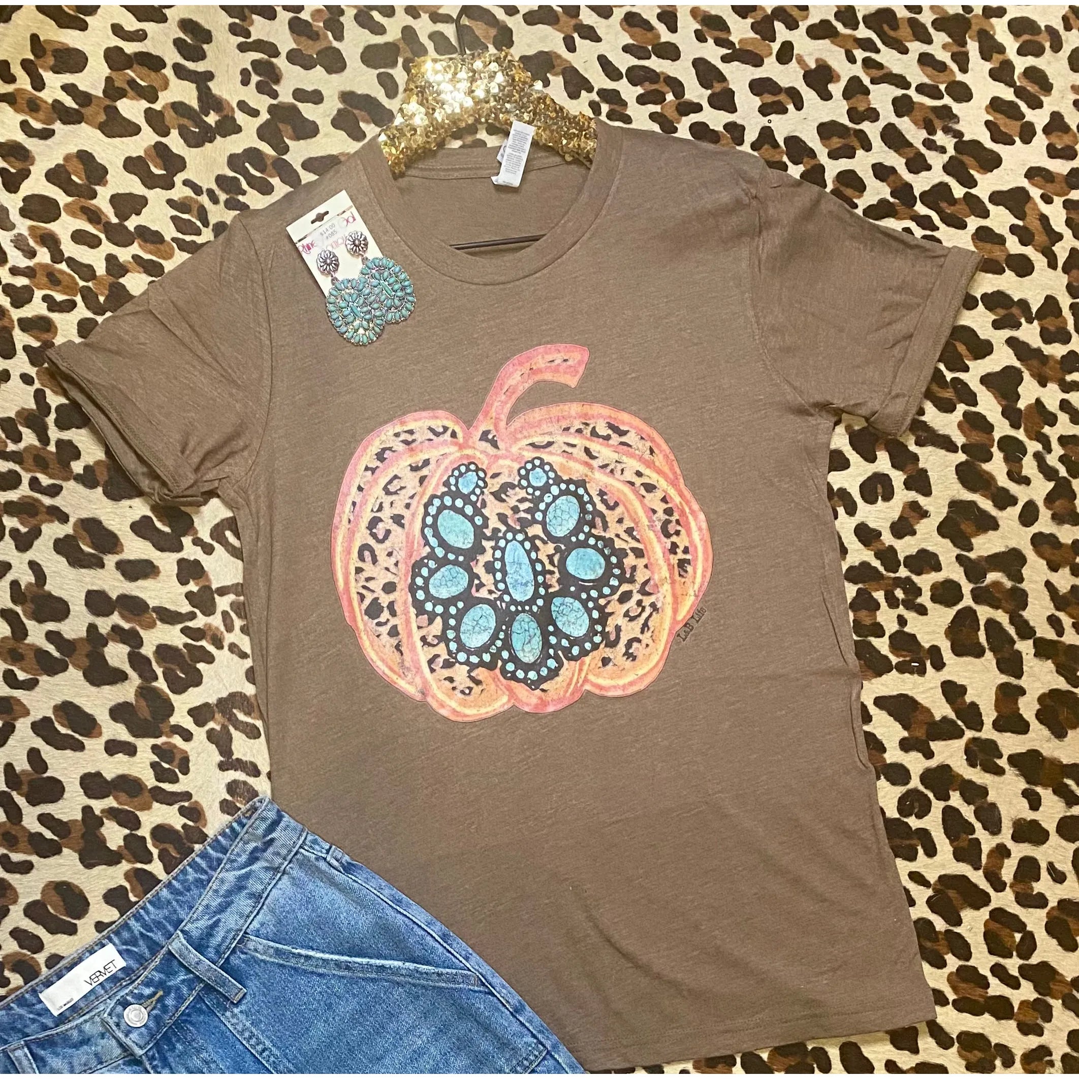 Brown Turquoise Leopard Pumpkin Graphic Tee