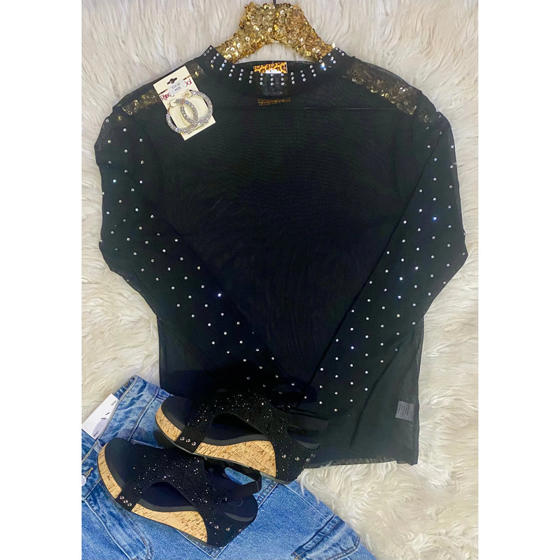 Shine Bright Black Rhinestone Mesh Top