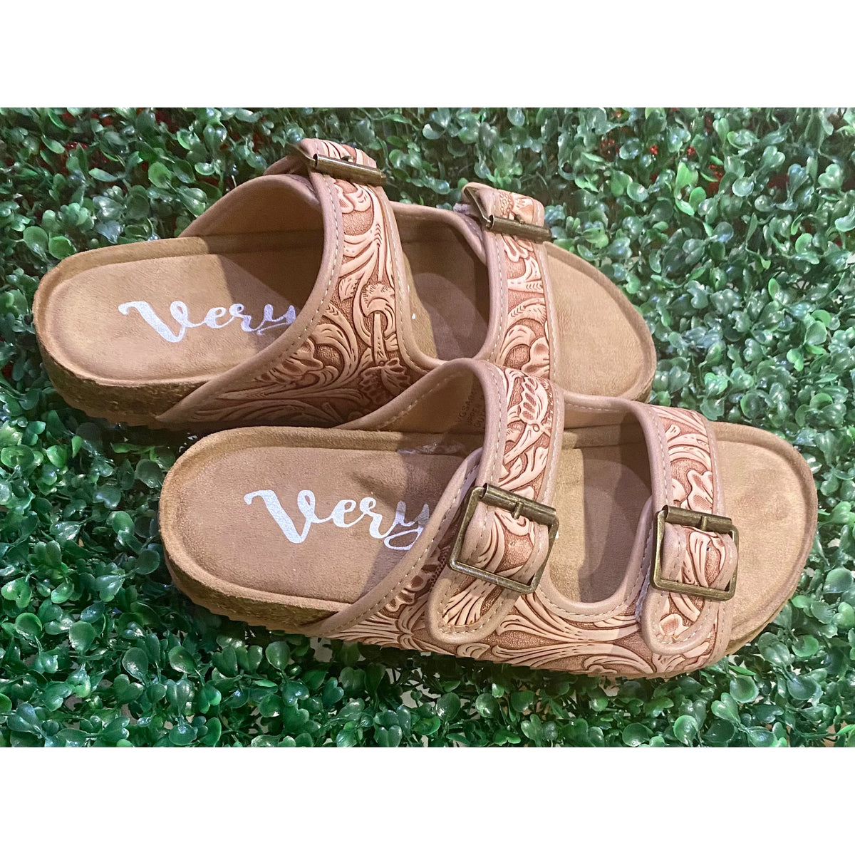 Very G Blush Tooled Western Buckle Sandals – Floral Cork Footbed Slip-On Sandals