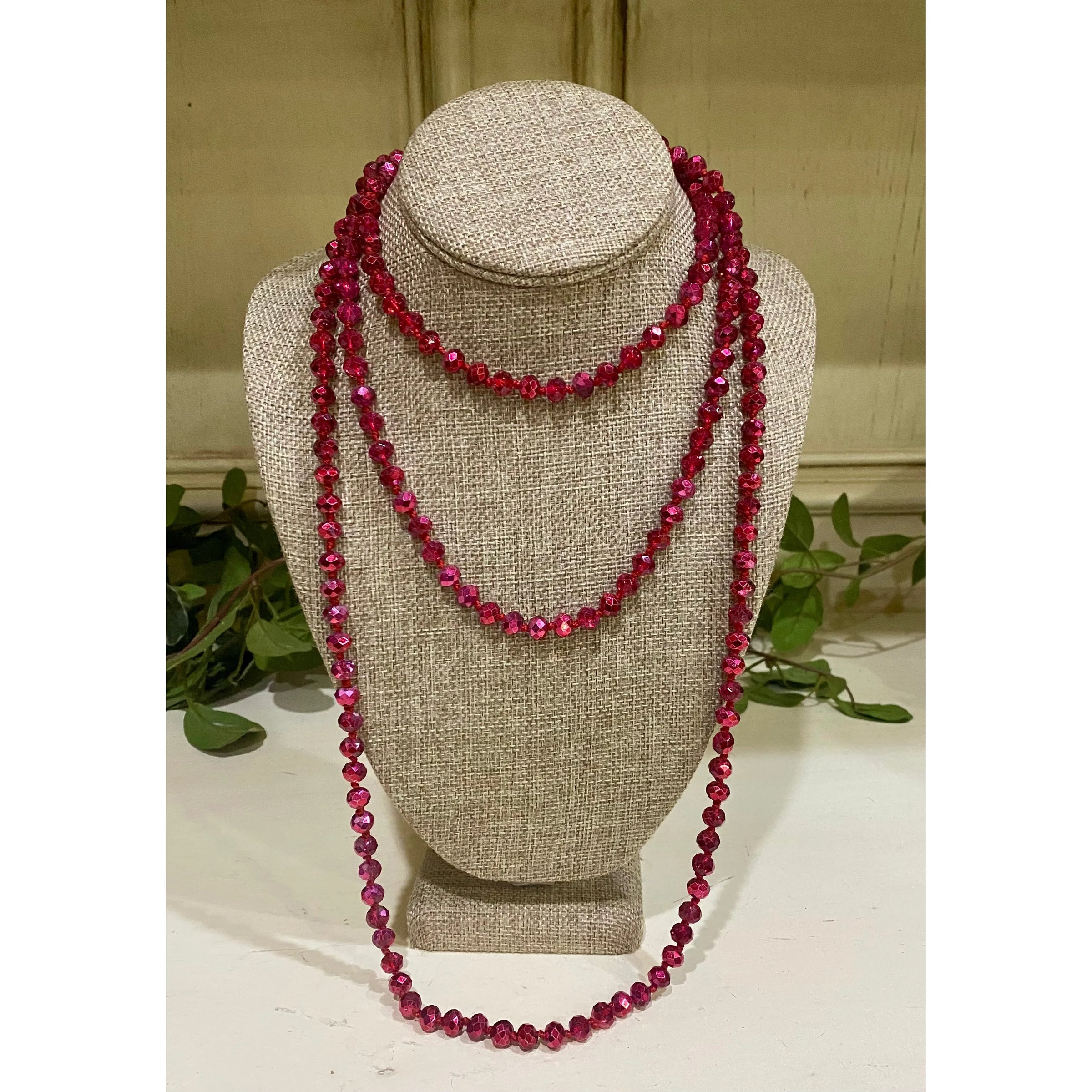 Long Ruby Metallic Beaded Necklace – 60"