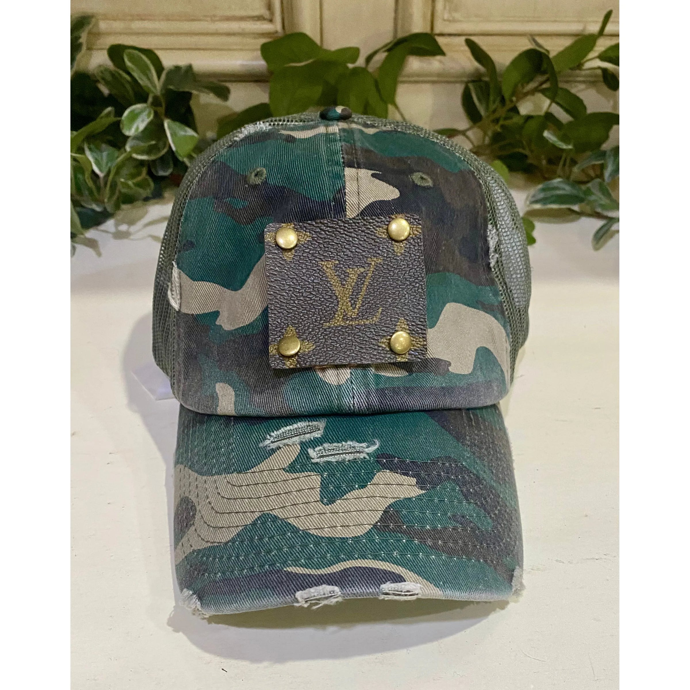 Upcycled Designer Patch Distressed Camo Trucker Hat