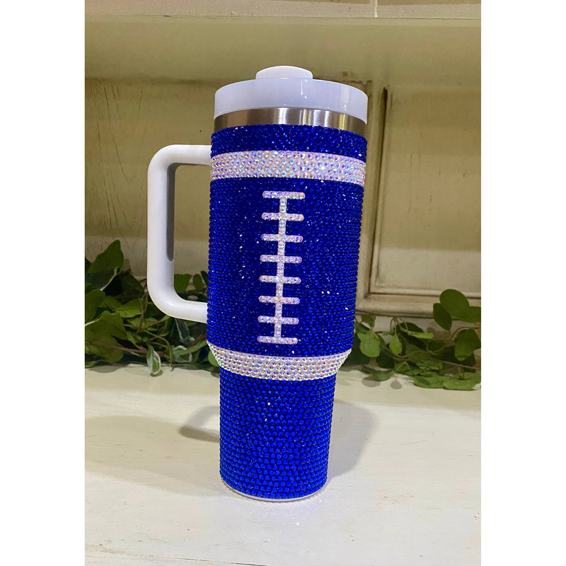 Blue Rhinestone Football 40 oz Tumbler