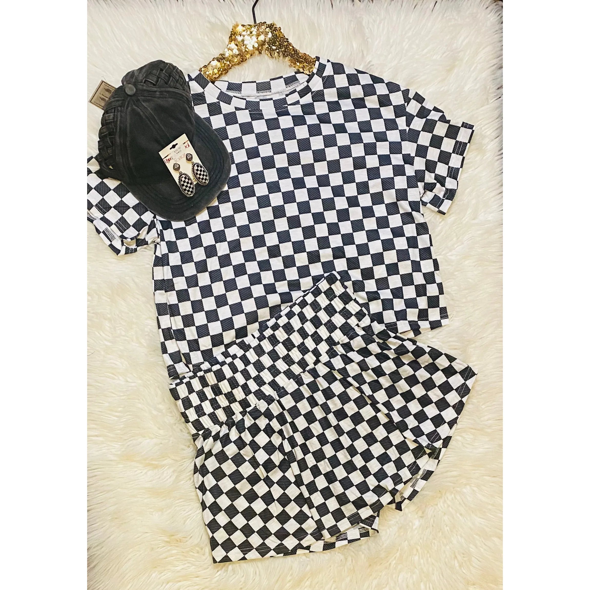 Black Checkerboard Top & High Waist Skort Set