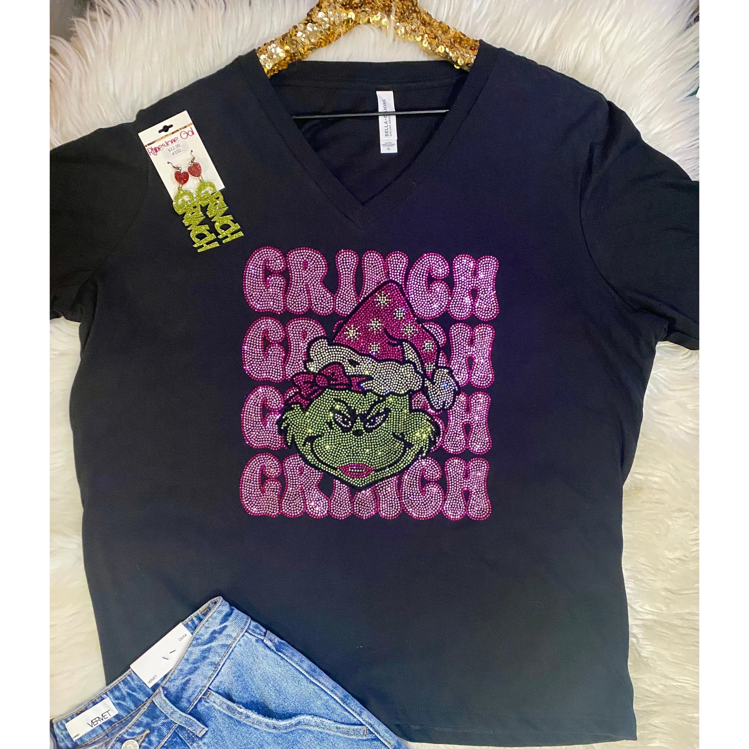 Rhinestone Grinch V Neck Tee