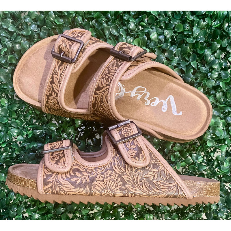 Very G Tan Tooled Double Buckle Sandals