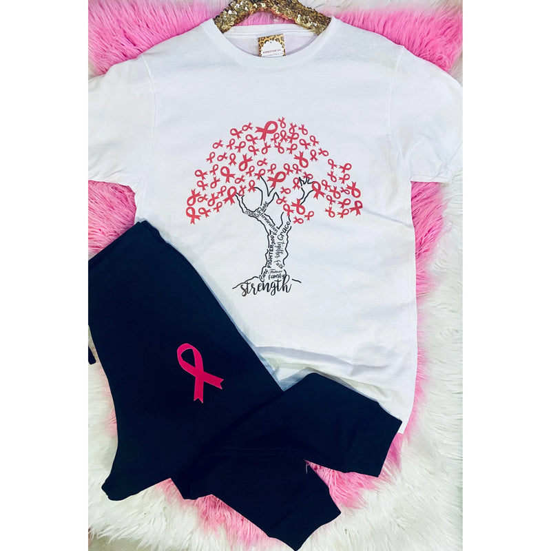 Pink Ribbon Tree Tee with Black Jogger Set